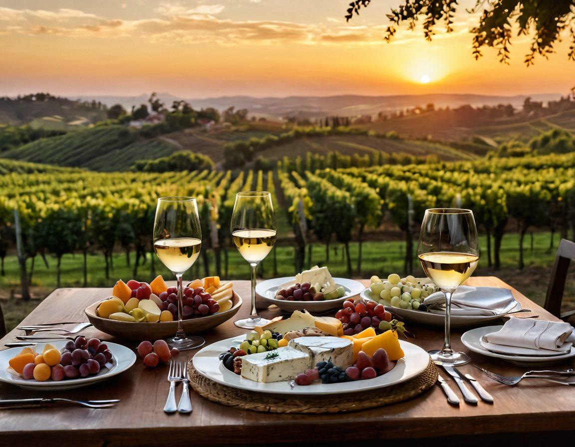 A beautifully set dining table featuring an array of gourmet dishes, elegantly paired with wine glasses filled with rich, red and crisp, white wines. The scene includes a corkscrew, a variety of cheeses, and fresh fruits, all illuminated by warm candlelight to create an inviting atmosphere. Accent the image with a backdrop of lush vineyards under a sunset sky, enhancing the connection between food and wine. super-realistic. warm tones. 3D.