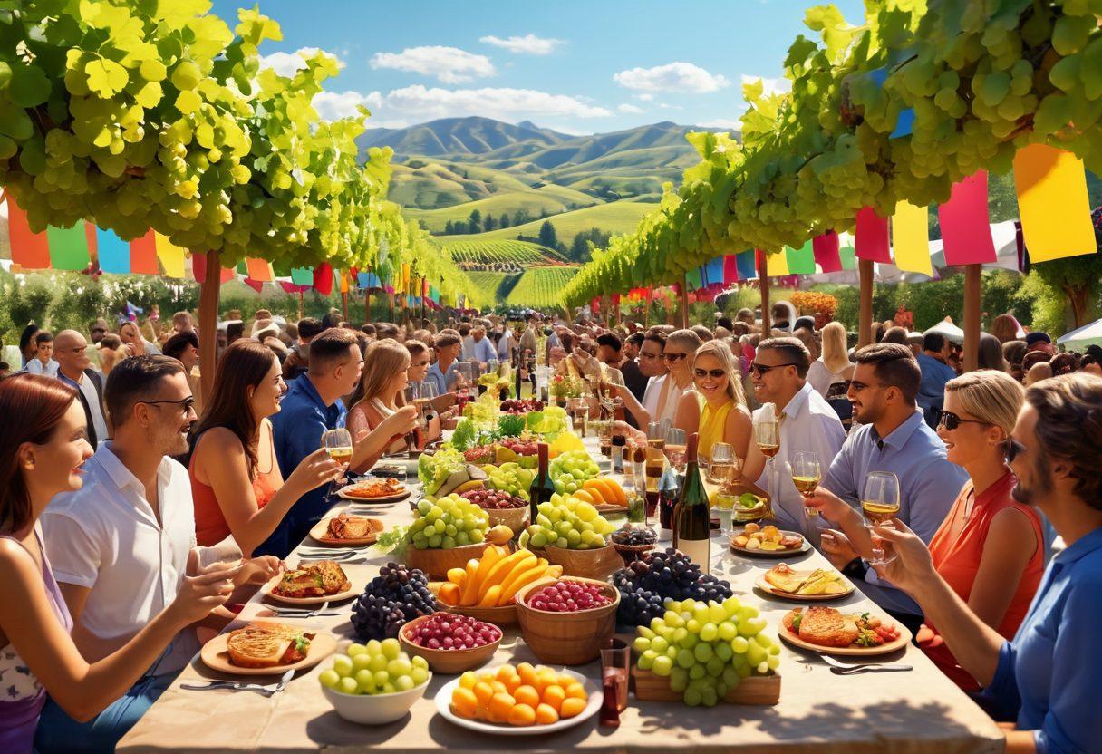 A vibrant outdoor wine festival scene with diverse people enjoying wine tastings at elegant booths adorned with colorful banners. Lush vineyards in the background, showcasing ripe grapes and rolling hills. Wine glasses clinking, a cheerful band playing, and platters of gourmet food on tables, capturing the essence of community and celebration. super-realistic. vibrant colors. 3D.