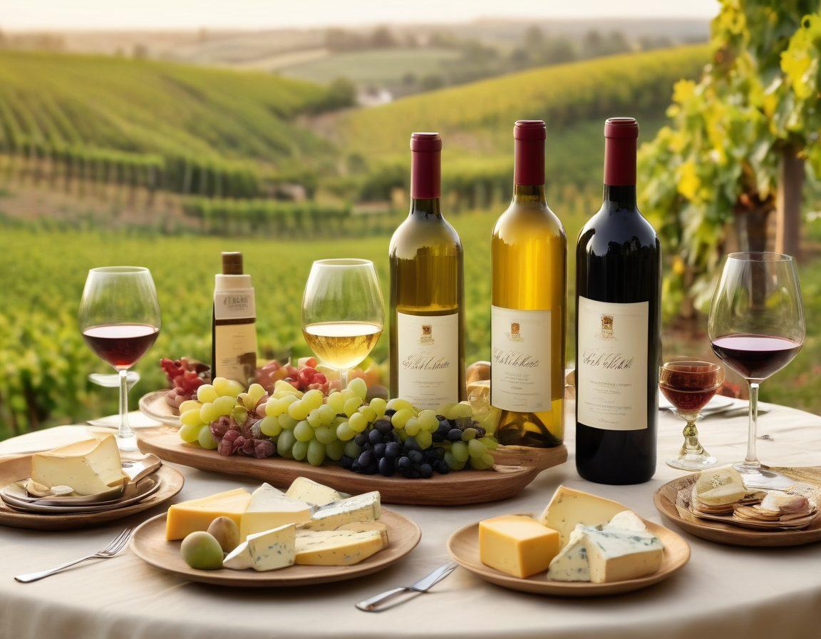 A beautifully arranged table featuring an array of wine bottles with diverse labels, surrounded by cheese platters, grapes, and elegant wine glasses. Soft golden lighting highlights the textures and colors of the wines while a subtle background of a vineyard is suggested, enhancing the wine culture atmosphere. Incorporate delicate floral accents for a touch of elegance. super-realistic. vibrant colors. warm tones.